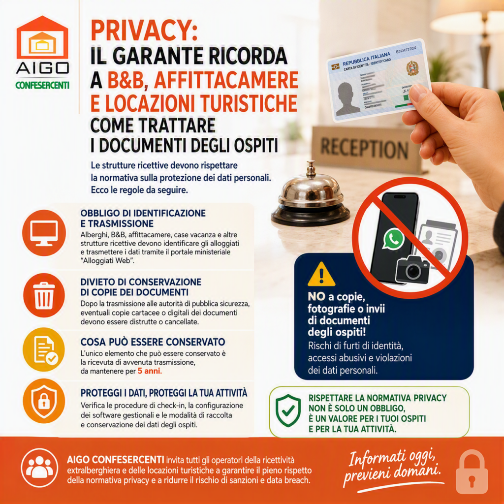 PRIVACY: IL GARANTE RICORDA A B&B, AFFITTACAMERE E LOCAZIONI TURISTICHE COME TRATTARE I DOCUMENTI DEGLI OSPITI